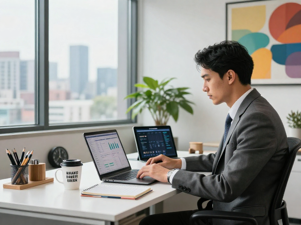 Professional business workspace featuring IDXSTAR analytics on a laptop, promoting productivity and innovation.