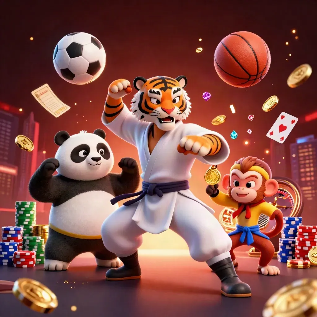 Kung-fu tiger, panda, and monkey amid flying coins, chips, balls, and neon casino glow.