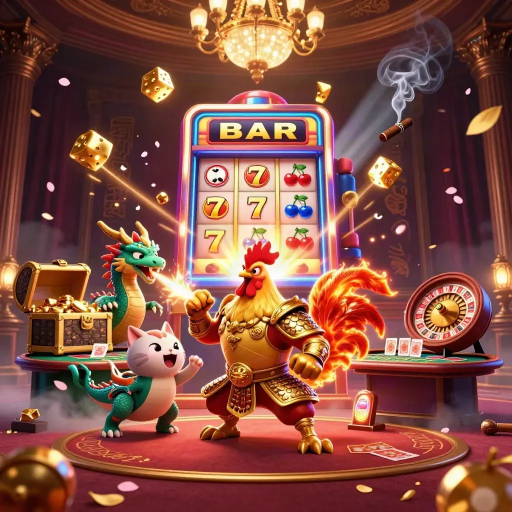 Rooster warrior, dragon hatchling and fortune-cat amid a luxe casino room with slot, roulette and gold.