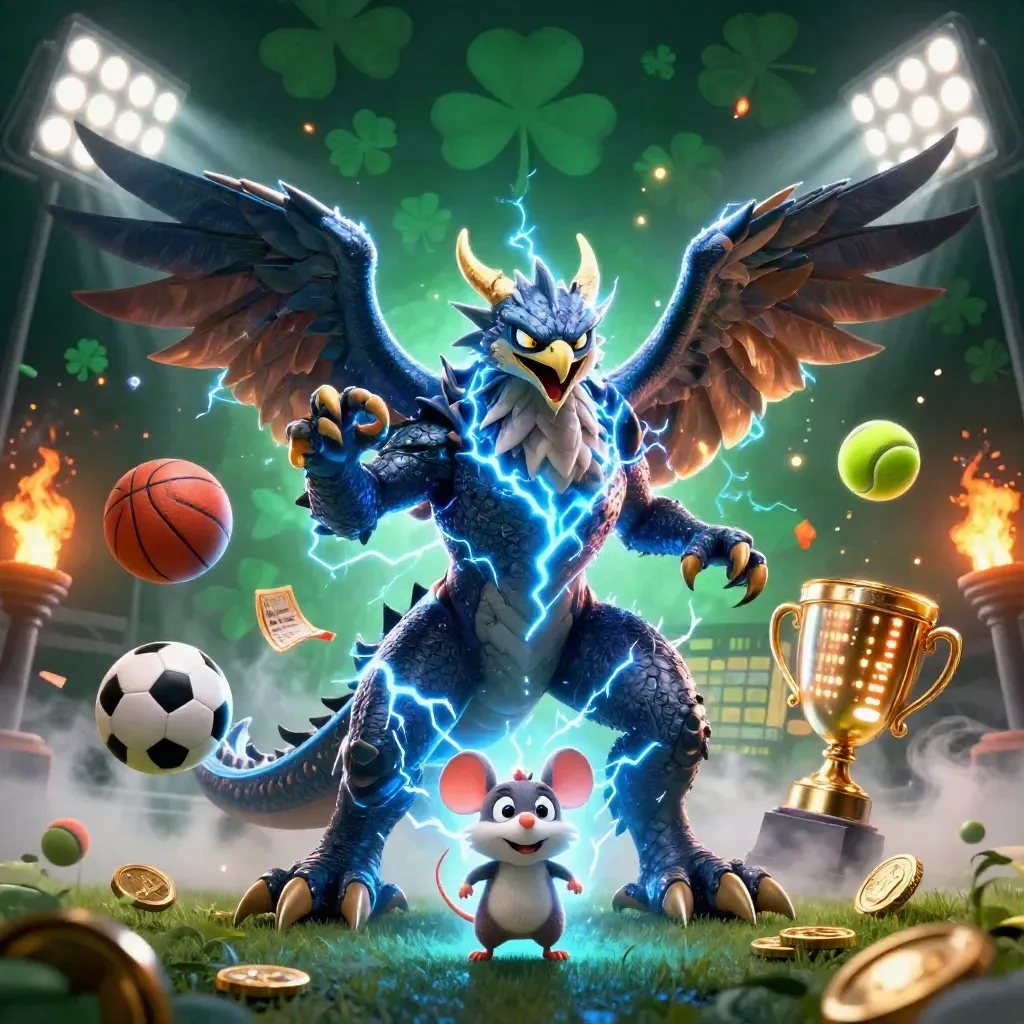 Thunder dragon, wind hawk, and static mouse amid flying sports balls, coins, and stadium light