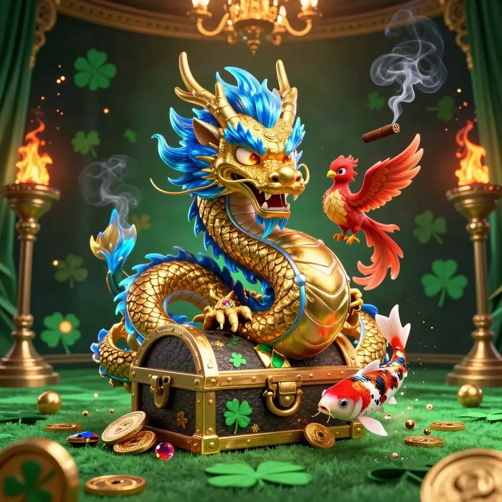 Golden dragon, red phoenix, and koi around a treasure chest in a neon casino chamber.