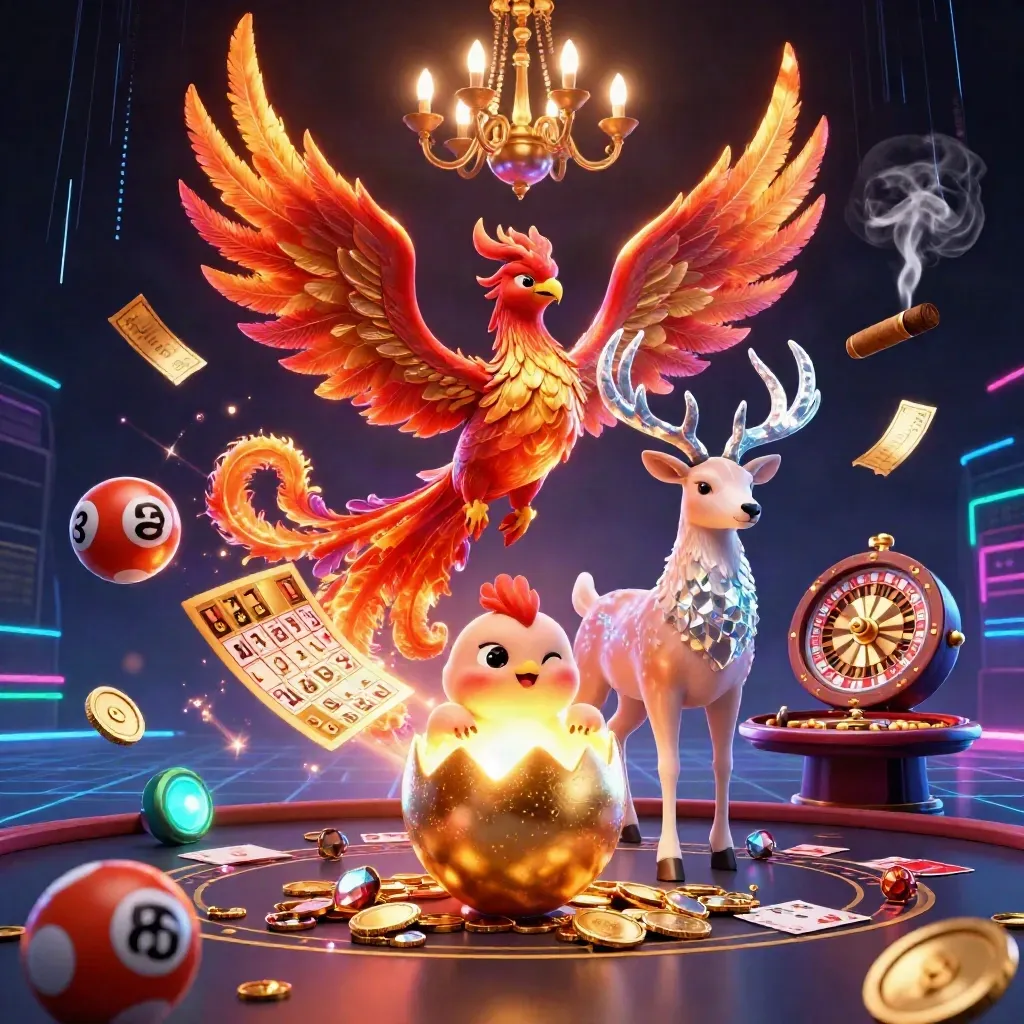 Phoenix, hatchling and crystal stag in a neon casino room with spinning games and gold light.