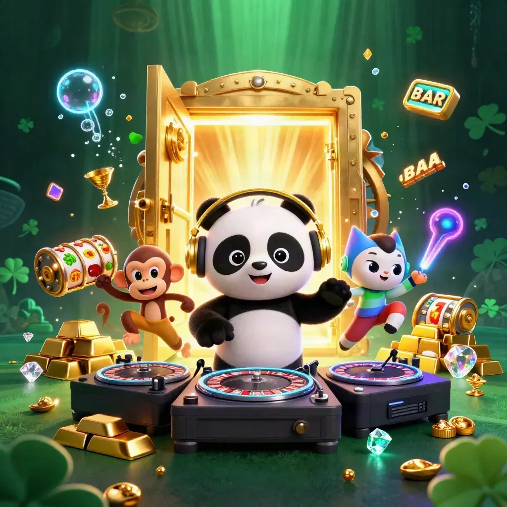 Panda DJ, monkey, and glow kitten amid treasure, gems, and neon casino light