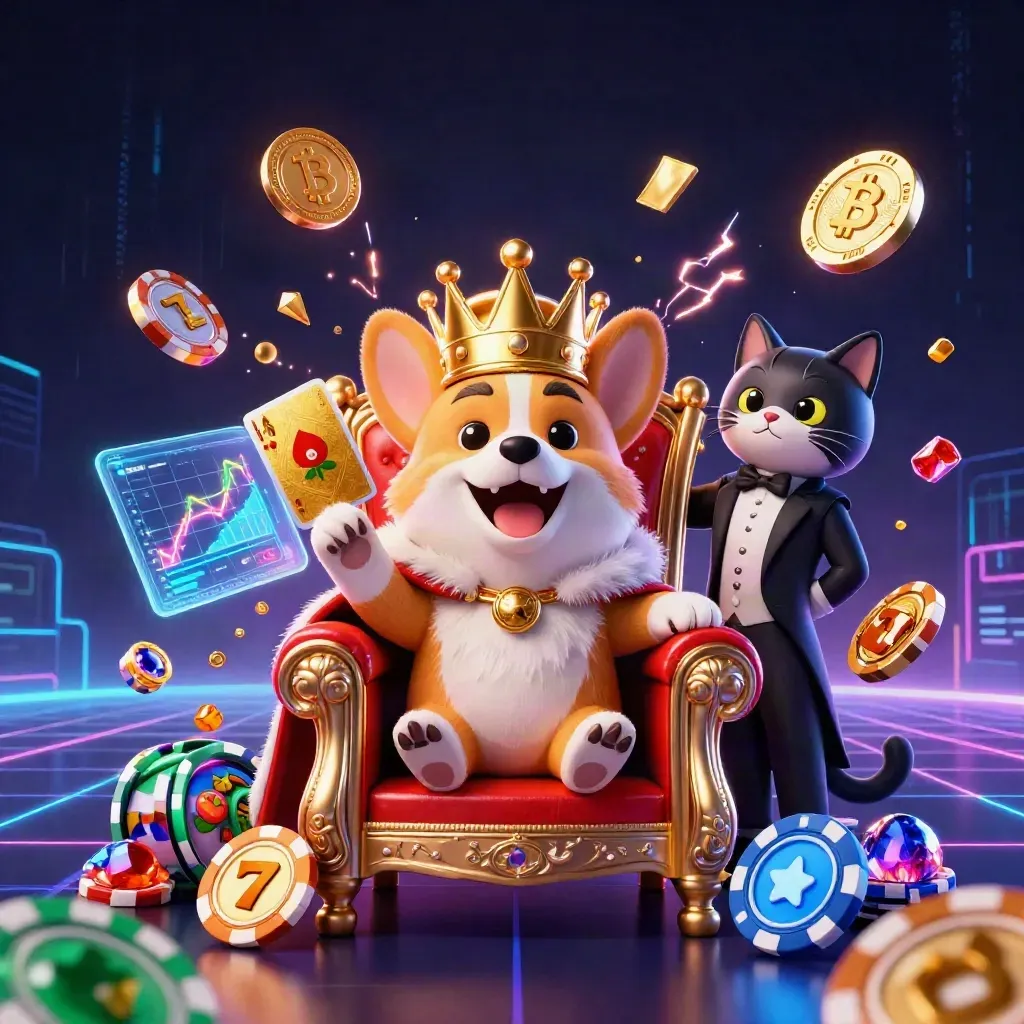 Royal corgi on poker-chip throne with cat butler, neon coins and casino sparks