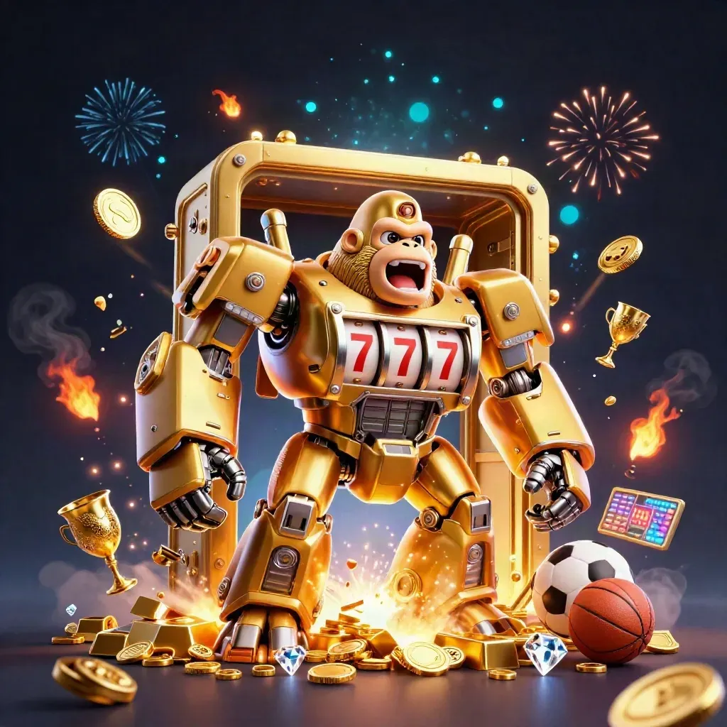 Golden gorilla mech bursts from a vault with coins, gems, sports props, and a tiny monkey pilot.