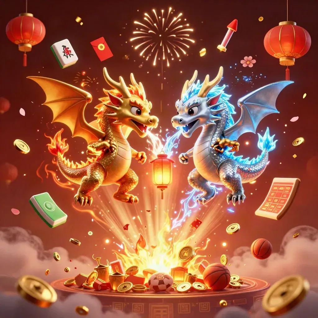 Gold and silver dragons burst amid coins, lanterns, fireworks, and sports betting icons.