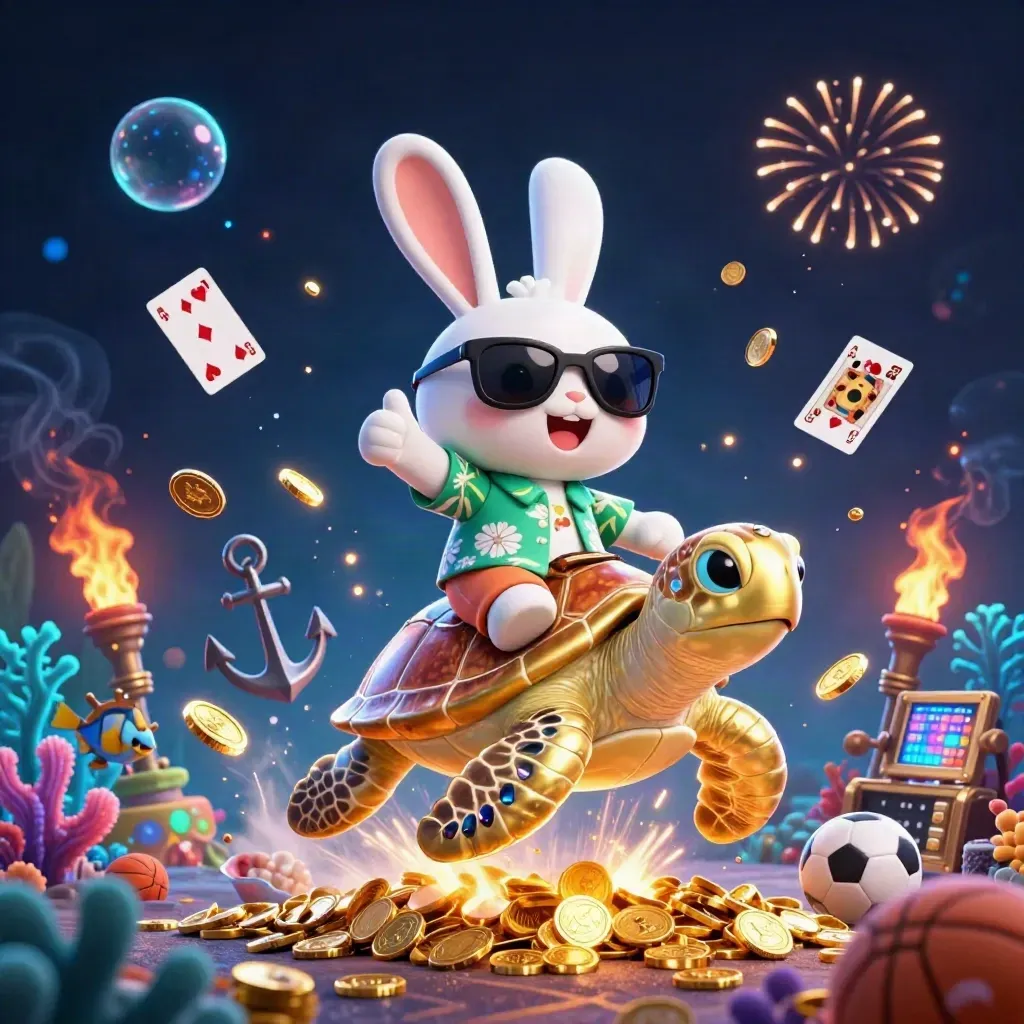 Lucky rabbit on a golden turtle amid coins, coral, fireworks and casino prizes.