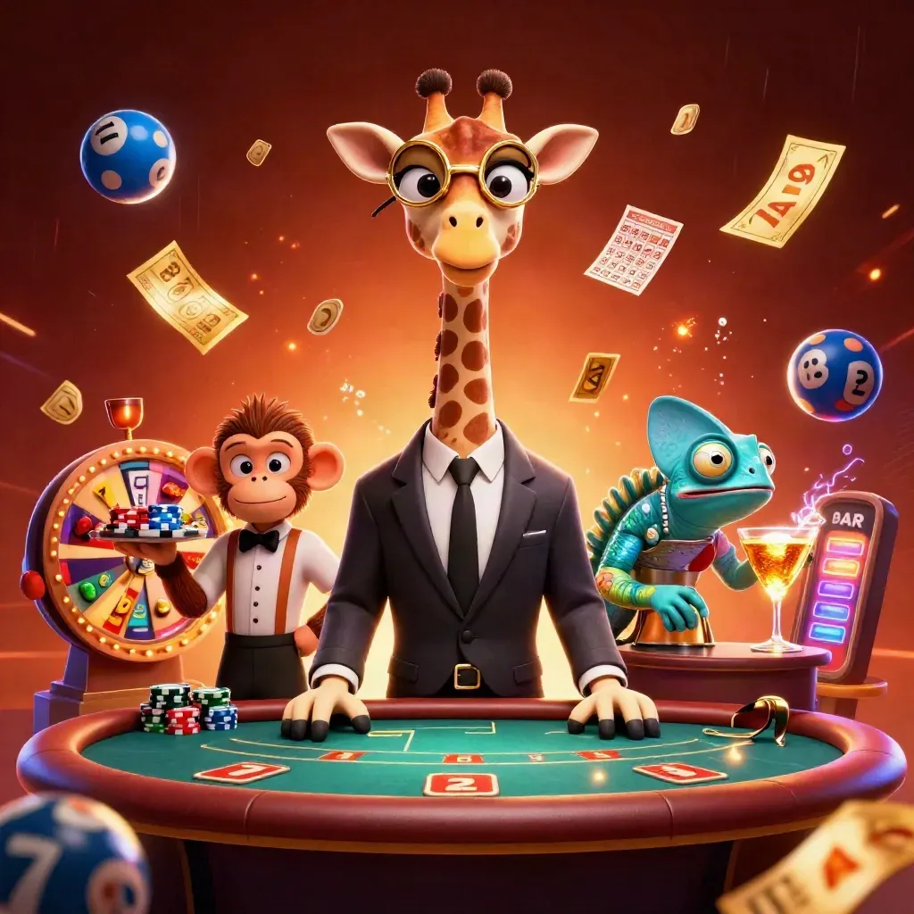 High-roller giraffe, valet monkey, and chameleon bartender amid neon casino game effects