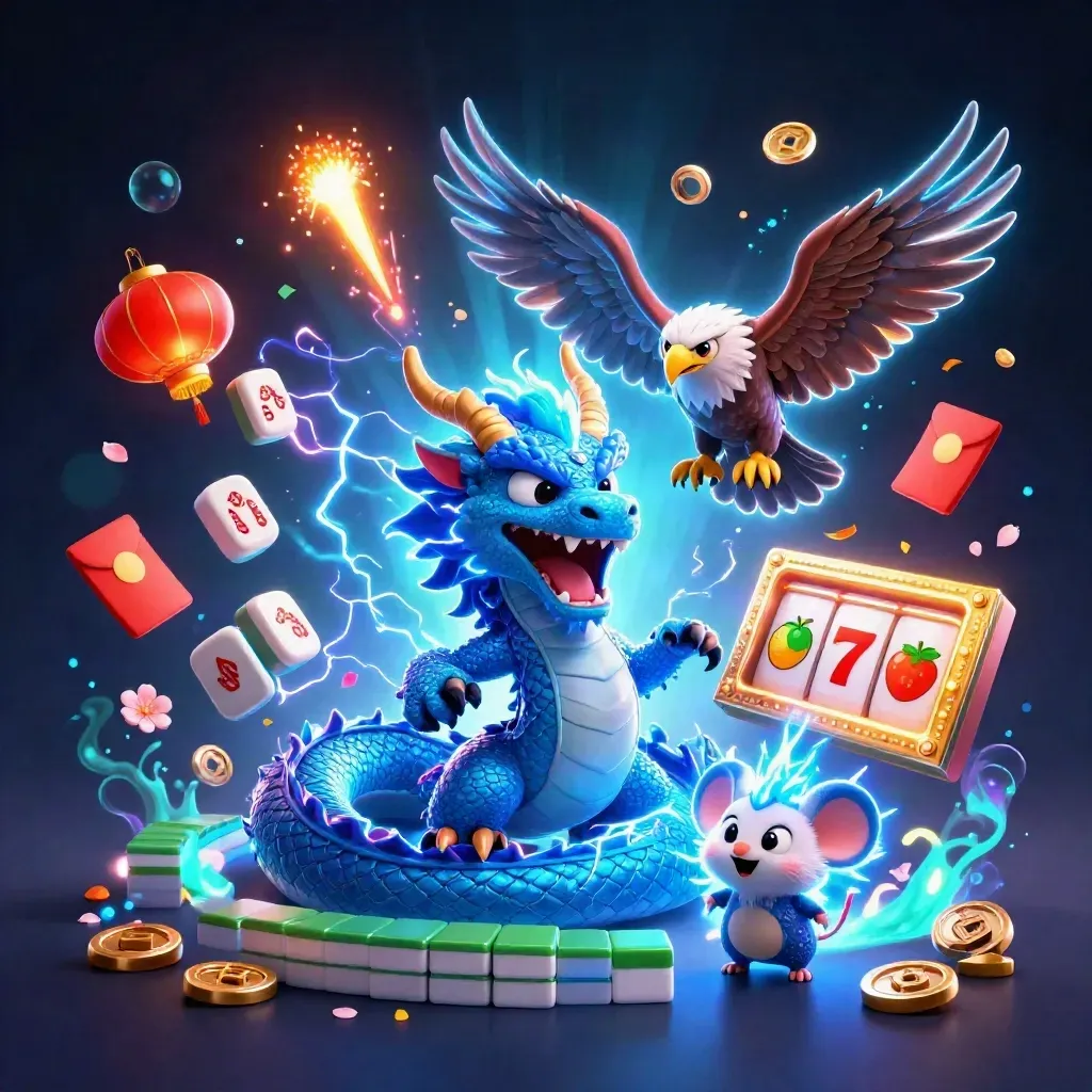 Thunder dragon, wind hawk, and static mouse amid casino charms and neon lightning.